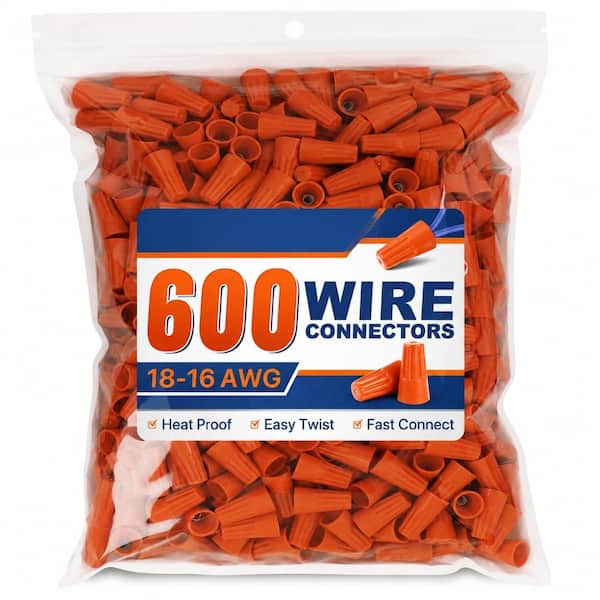 600-Pack Orange Wire Connector Nuts 18-16 AWG Insulated Twist-On Electrical Wire Caps for Quick Connect Wiring
