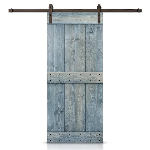 CALHOME Mid-Bar Series 30 in. x 84 in. Solid Denim Blue Stained DIY Pine Wood Interior Sliding Barn Door with Hardware Kit