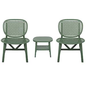 3-Pieces Polypropylene Outdoor Bistro Set with Open Shelf and Lounge Chairs in Green for Balcony, Garden