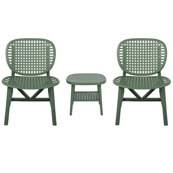 Zeus & Ruta 3-Pieces Polypropylene Outdoor Bistro Set with Open Shelf and Lounge Chairs in Green for Balcony, Garden