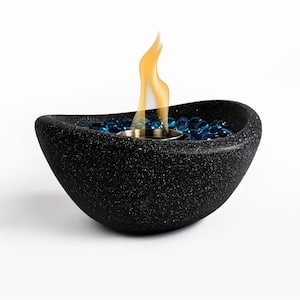 11 in. Black Outdoor Concrete Gel or Liquid Fire Pit Mixed Color Tabletop Mini Smokeless Fire Bowl with Blue Glass Beads