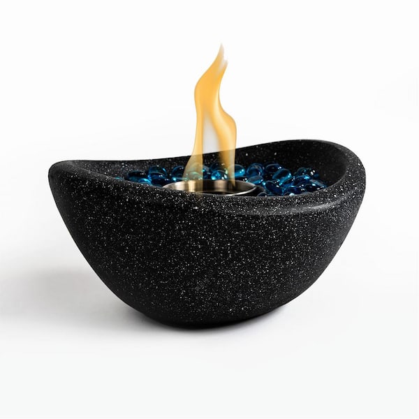 Mondawe 11 in. Black Outdoor Concrete Gel or Liquid Fire Pit Mixed Color Tabletop Mini Smokeless Fire Bowl with Blue Glass Beads