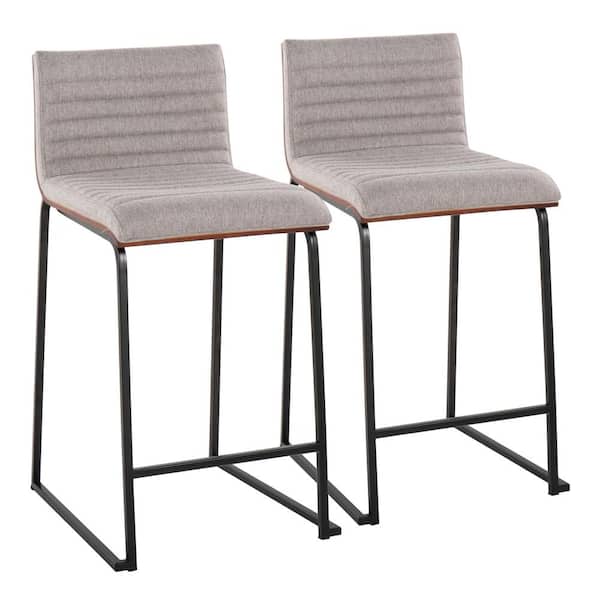 Lumisource Mason Mara 34 in. Grey Fabric and Black Metal Counter Height Bar Stool with Walnut Wood Seat Back (Set of 2)