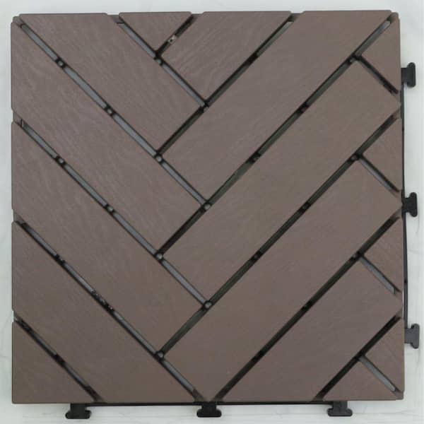 Courtyard Casual Herringbone Pattern 12 in. x 12 in. Plastic Deck Tile in Chocolate (9-Piece)