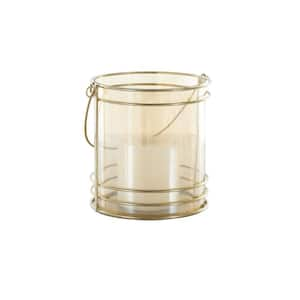 Gold Metal Candle Lantern with Thin Circular Rods and Tinted Glass