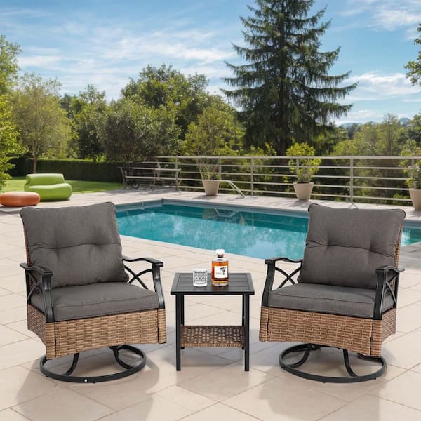 Unbranded Gray 3-Piece Wicker Swivel Rocker Chairs Outdoor Bistro Set with Gray Cushion, Patio Bar Set with 2 Chairs, Coffee Table