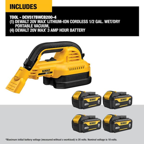 20-Volt Maximum Lithium-Ion Cordless 1/2 Gal. Wet/Dry Portable Vac with (4) 20-Volt 3.0 Ah Maximum Premium Battery Packs