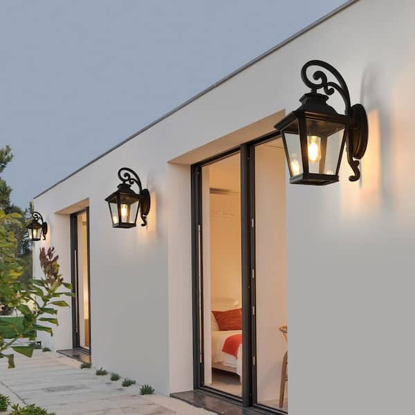 21 in. 1-Light Matte Black Hardwired Outdoor Wall Light Lantern Sconce with Clear Glass Shade (2-pack)