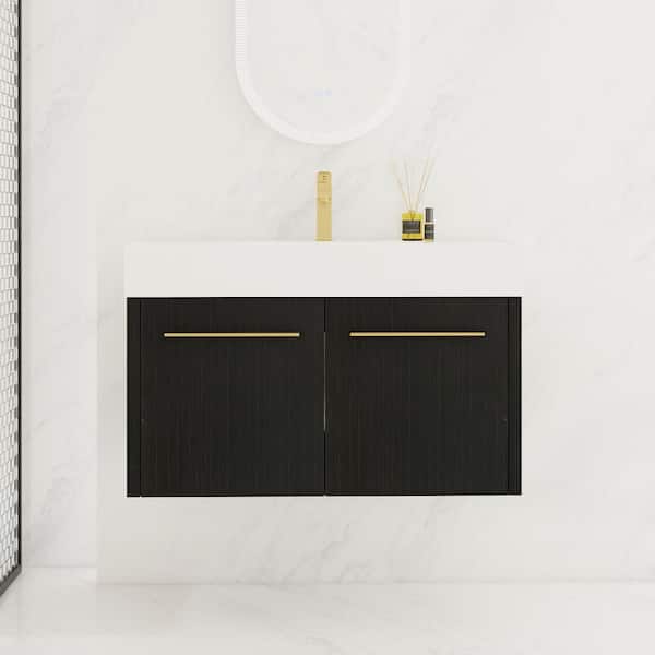36 in. Single Sink Floating Black Bath Vanity with White Resin Top, Thick Edged, 2 Doors