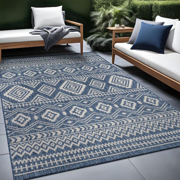 Waikiki Blue/White 8 ft. x 10 ft. Moroccan Geometric Washable Modern Indoor Outdoor Area Rug