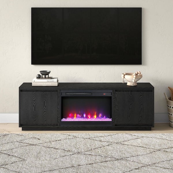 Presque 68 in. Black Grain TV Stand Fits TV's up to 75 in. with Crystal Fireplace Insert