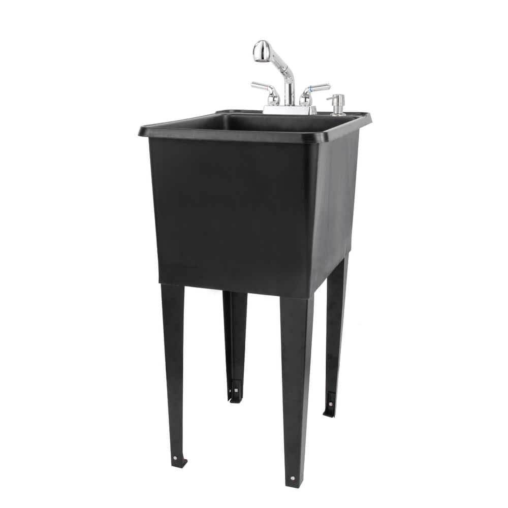 Black Freestanding Utility Sink with Chrome Faucet and Metal Legs