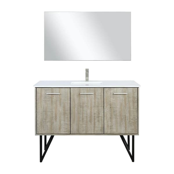 Lancy 48 in W x 20 in D Rustic Acacia Bath Vanity, White Quartz Top, Brushed Nickel Faucet Set and 43 in Mirror