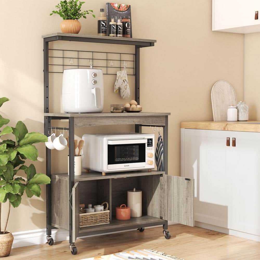 Grey Wash 3-Tier Baker's Rack with Storage Cabinet and Hooks