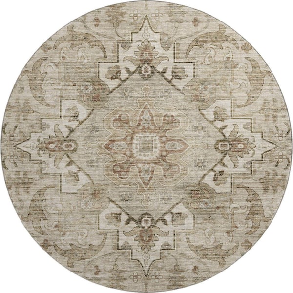Mayfield Premium Machine Washable Abstract AMF2164 Beige 8 ft. x 8 ft. Round Rug