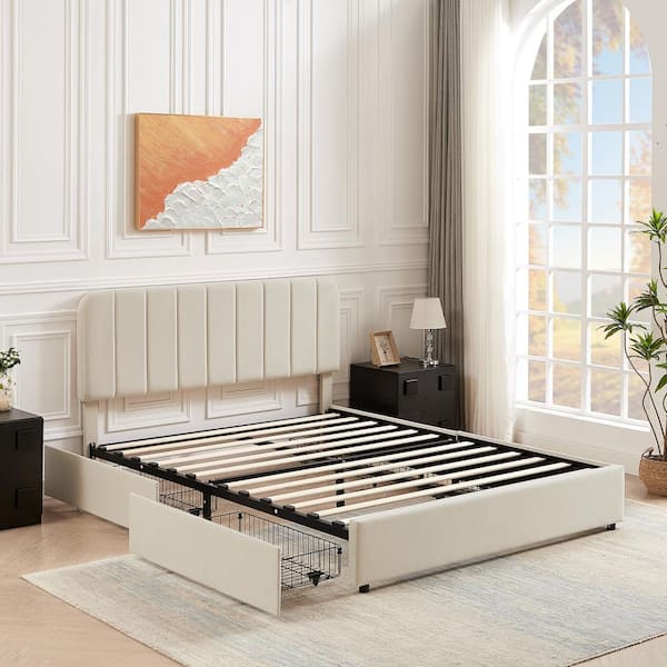 Queen Upholstered Platform Bed with 1 Storage Drawer, Queen Bed Frames with  Adjustable Headboard, Strong Wood Slats and Metal Center Legs Support, for