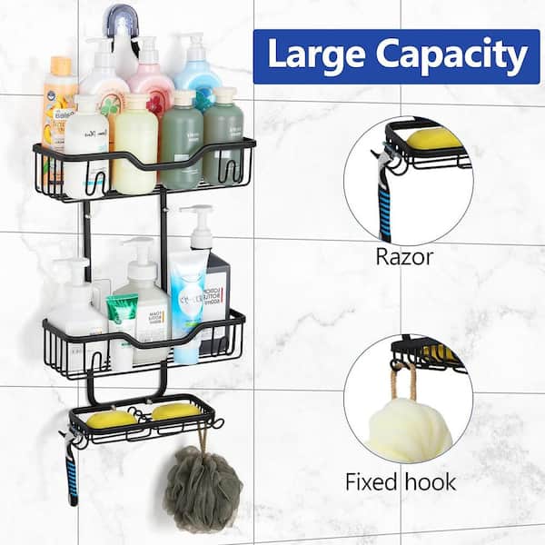 Oumilen Black Stainless Steel & Bamboo Hanging Caddy - Over-the-head Shower Organizer with Hooks & Suction Cups - Silver