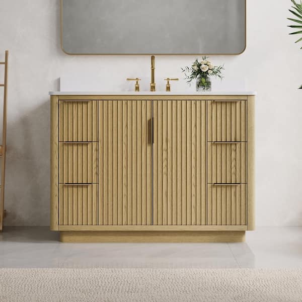 WELLFOR HAVEN 48 in. W x 22 in. D x 35 in. H Freestanding Solid Wood Bath Vanity in OAK with Quartz Top