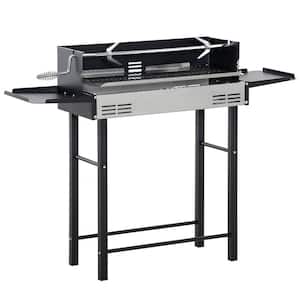 3-Level Rotisserie Grill Roaster Charcoal in Black with Foldable Storage Shelves