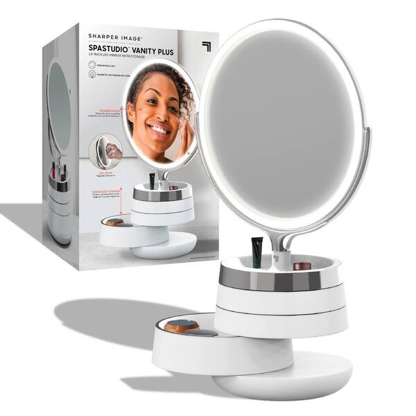 Sharper Image 10 In X 22 Round Led, White Round Table Top Mirror With Lights On