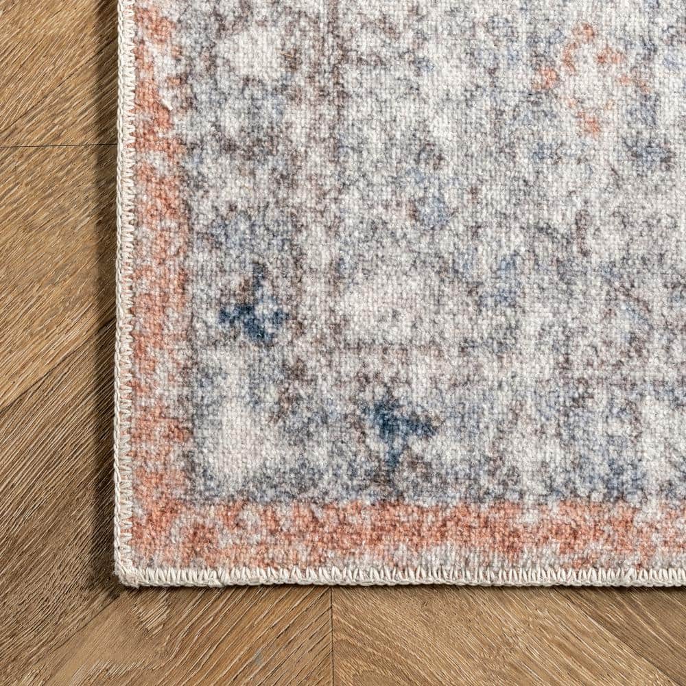 Vintage Floral Orange and Blue Washable Area Rug