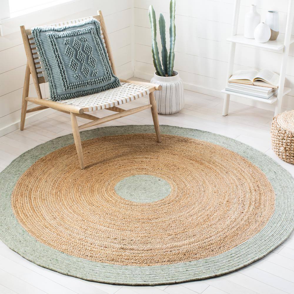 Handmade Sage and Gold Braided Wool Cotton Round Rug