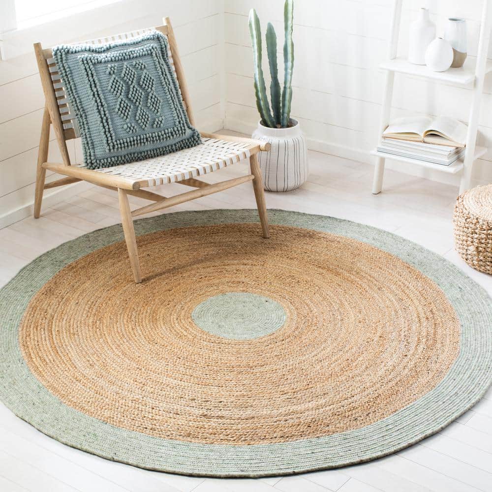 Handwoven Sage and Gold Round Wool Cotton Area Rug, 6' x 6'