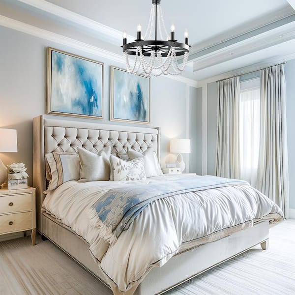 6-Light Matte Black Transitional Chandelier with White Wood Beads, E12 Base, No Bulbs Included