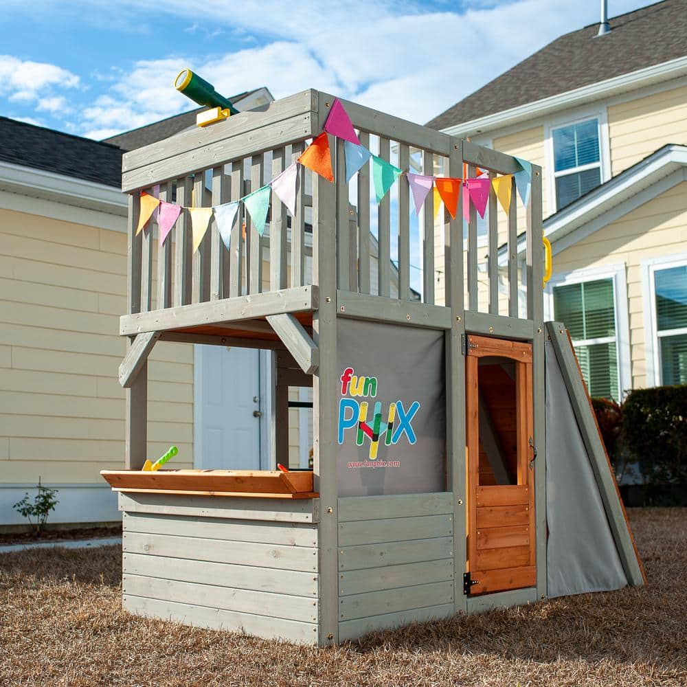 Funphix Outdoor Wooden Playhouse with Climbing Ramp and Telescope