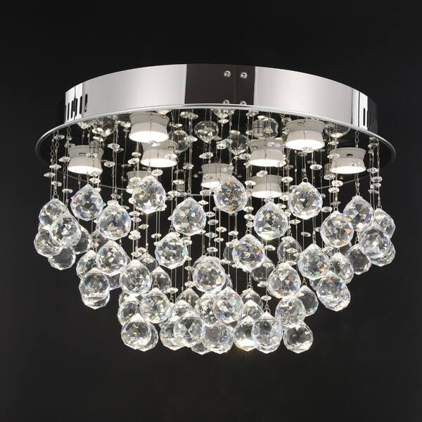 OUKANING 19.7 in. 9-Light Silver Modern Crystal Semi-Flush Mount
