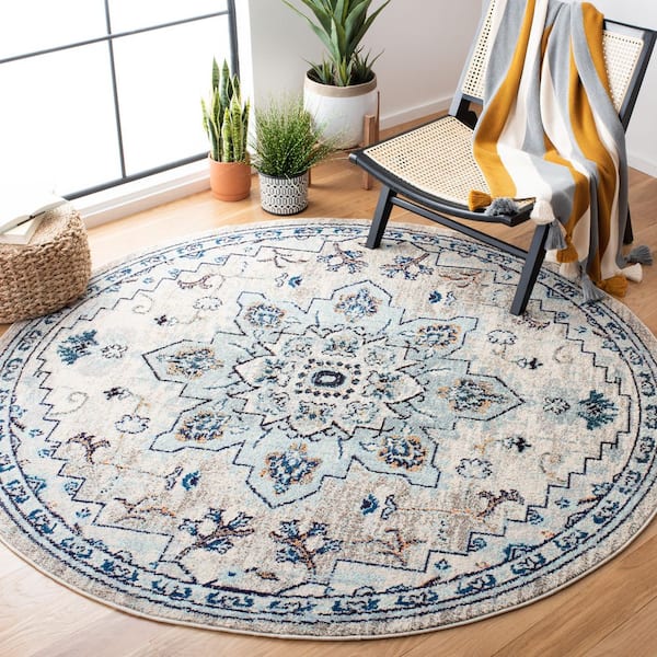 Madison Ivory/Light Blue 3 ft. x 3 ft. Distressed Border Round Area Rug