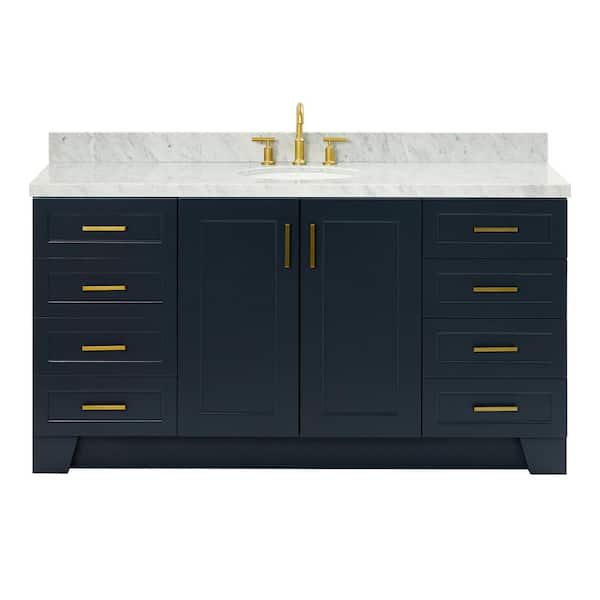 Taylor 67" W x 22" D x 36" H Single Sink Freestanding Bath Vanity in Midnight Blue with Carrara White Marble Top
