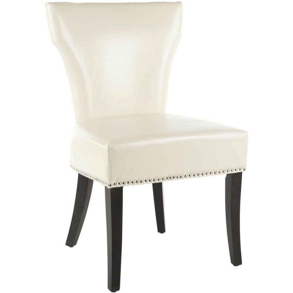 Transitional Flat Cream Leather Parsons Side Chair with Wood Accents