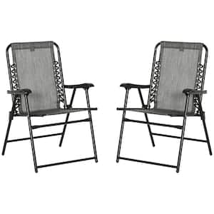Set of 2 Gray Metal Folding Lawn Chairs Portable Outdoor Patio Chairs with Mesh Fabric and Anti-Slip Foot Pads