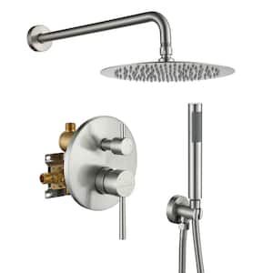 1-Spray Patterns with 2.5 GPM 10 in. Round Wall Mount Dual Shower Heads with Pressure Balance Valve in Brushed Nickel