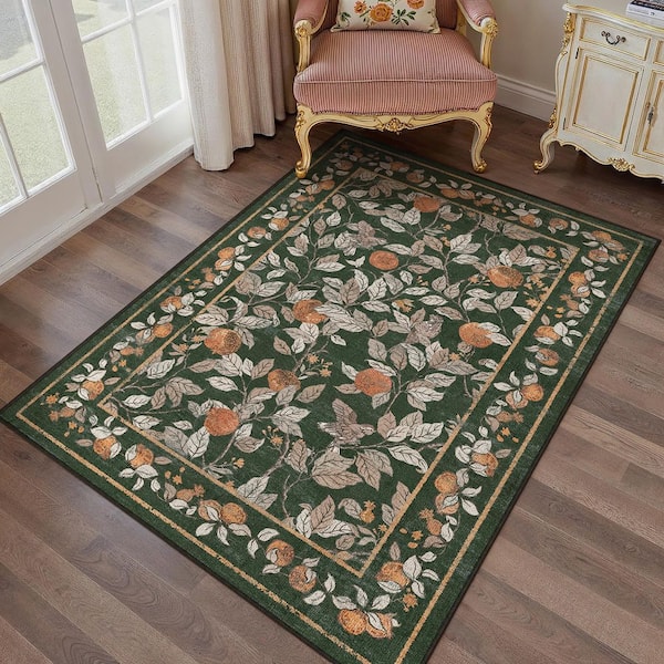 Pomegranate Floral 3 ft. X 5 ft. Green Area Rug