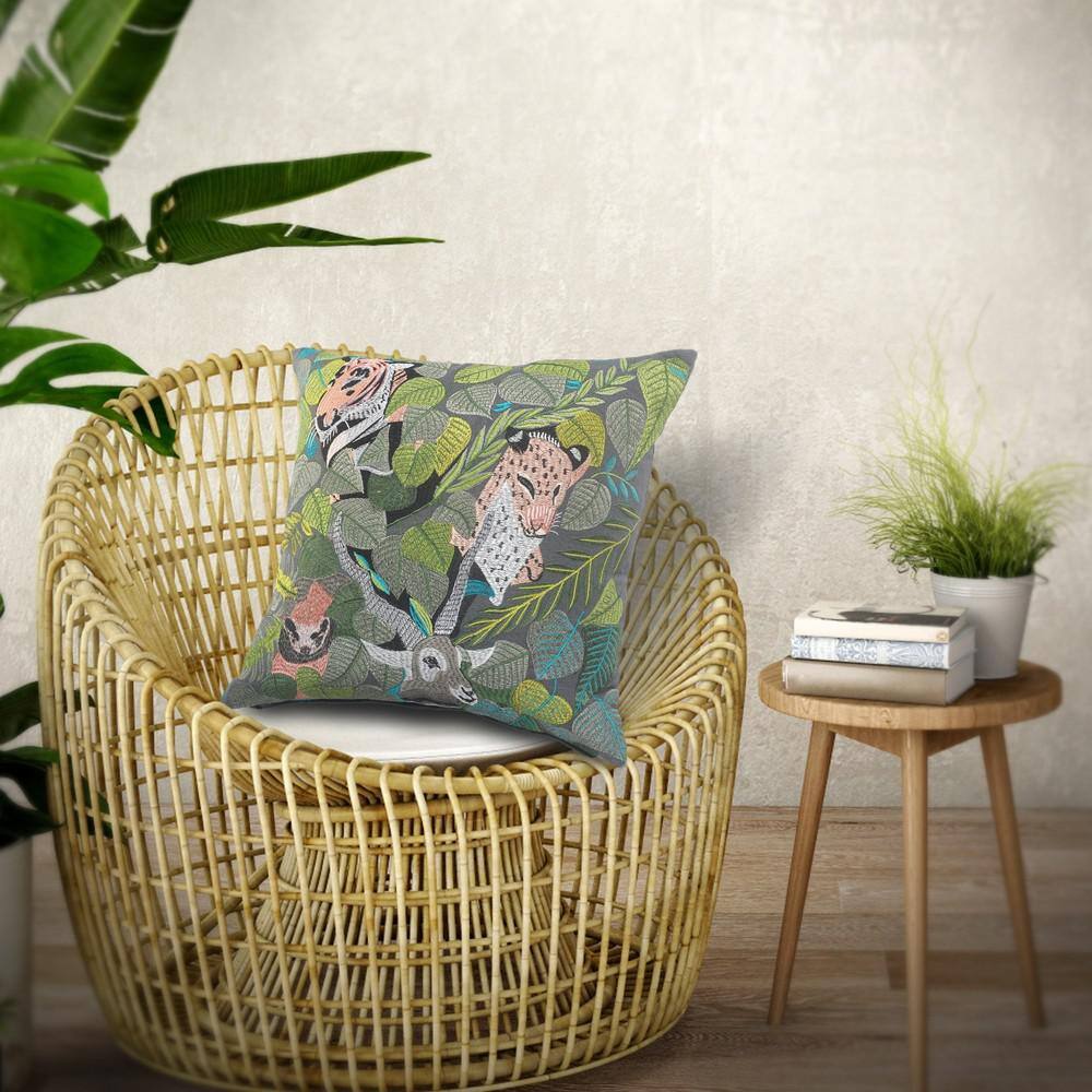 Jungle Scene Green and Multicolor Cotton Throw Pillow