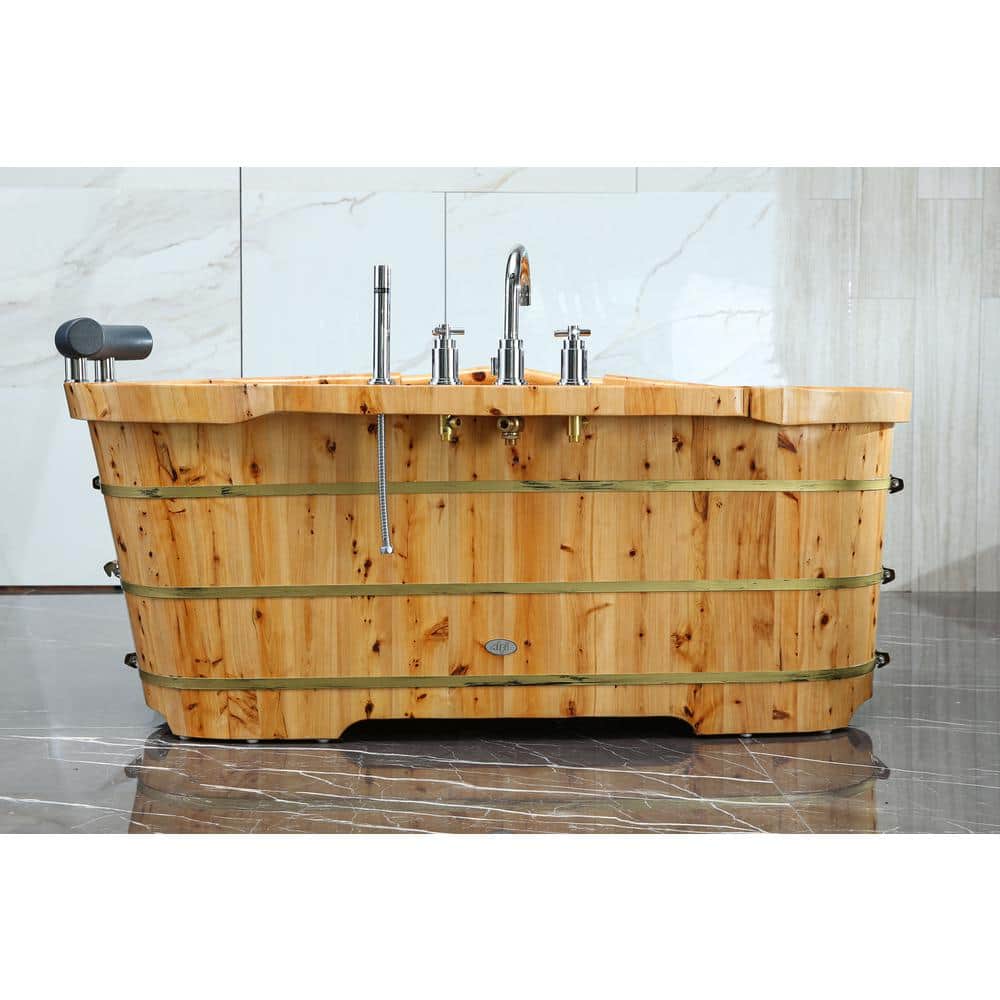 61'' Natural Cedar Freestanding Soaking Bathtub with Chrome Faucet