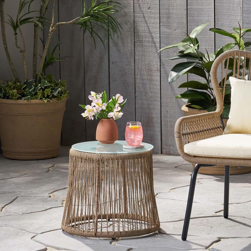 Outdoor Patio Small Side Table Coffee Table Small End Table with Glass Top 