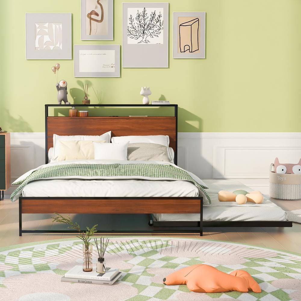 55.7 in. W Brown Metal Frame Full Size Platform Bed Frame with Wooden Headb