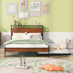 55.7 in. W Brown Metal Frame Full Size Platform Bed Frame with Wooden Headboard Includes Trundle and USB Ports