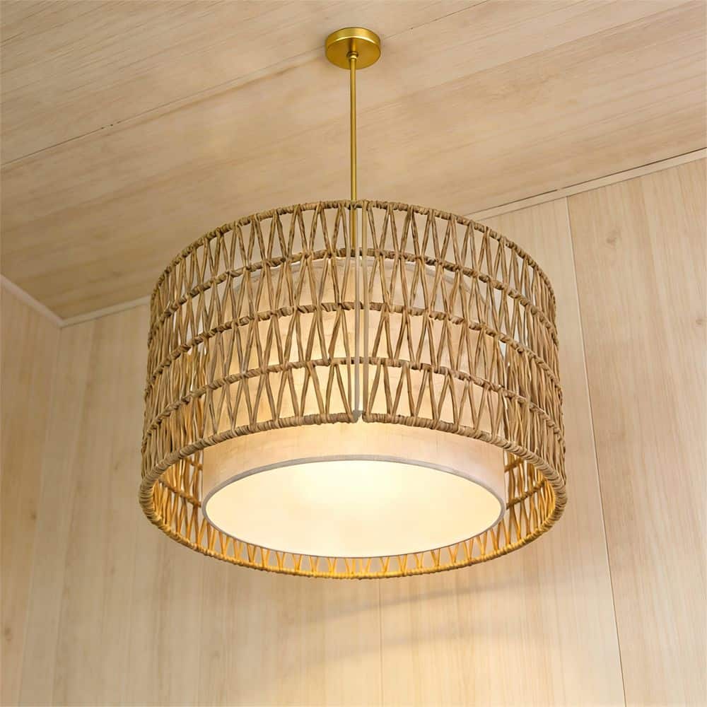 3-Light Dimmable Gold Semi-Flush Ceiling Light Double Layer Fabric Rattan Drum Lamp Easy Clean Install for Home price history on PriceWatchPro