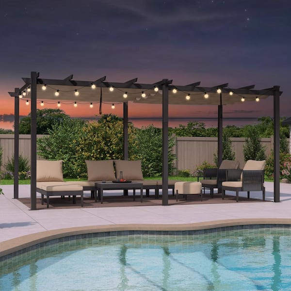 12 ft. x 18 ft. Gray Aluminum Frame Outdoor Patio Pergola with Beige Retractable Sun Shade Canopy and String Lights