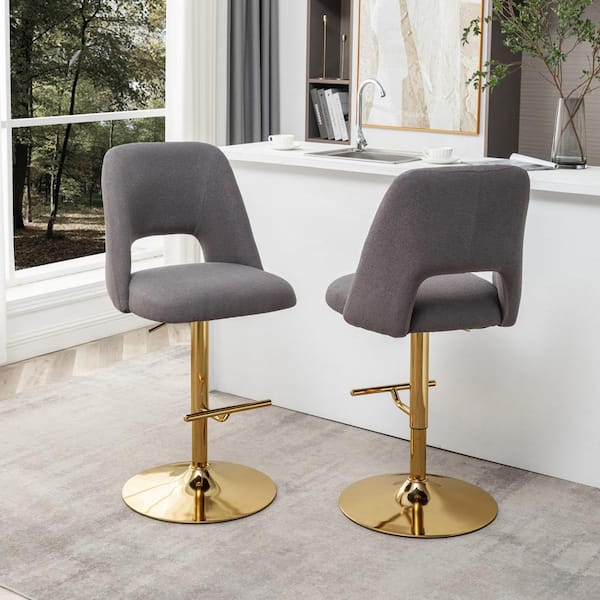 Jovana 41 in. Boucle Fabric Dark Gray Low Back Gold Metal Frame Adjustable Bar Stool with Swivels (Set of 2)