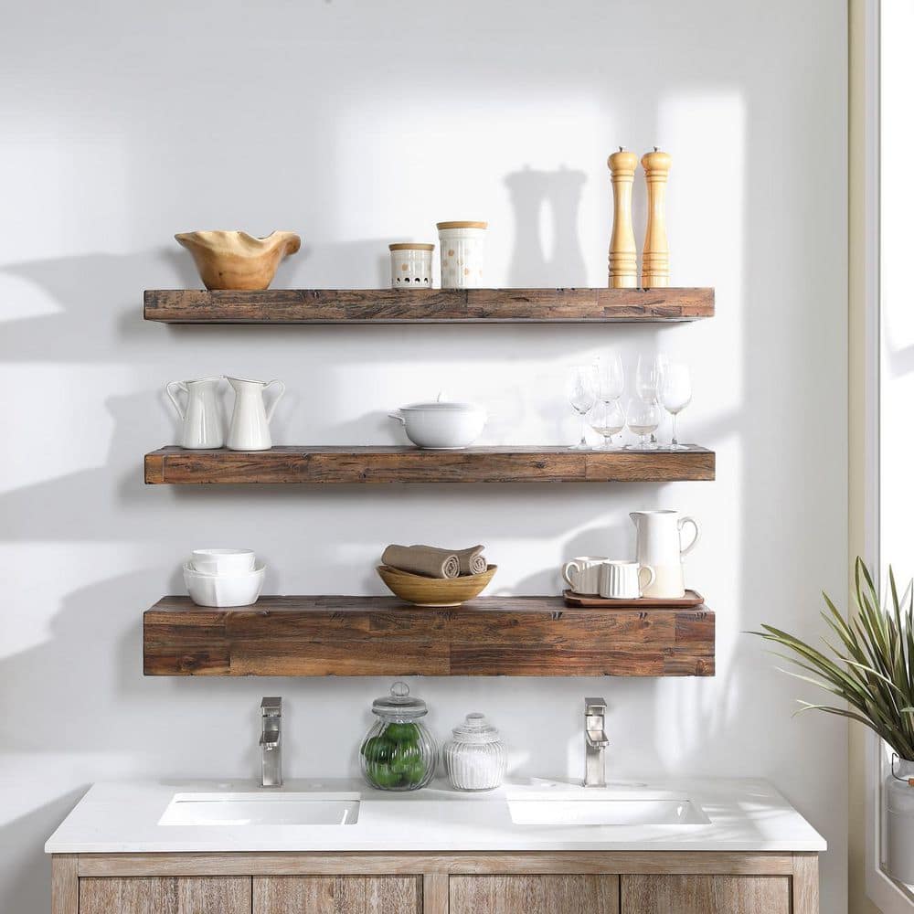 Distressed Dark Brown Acacia Wood 3-Tier Floating Shelves with Hidden Storage