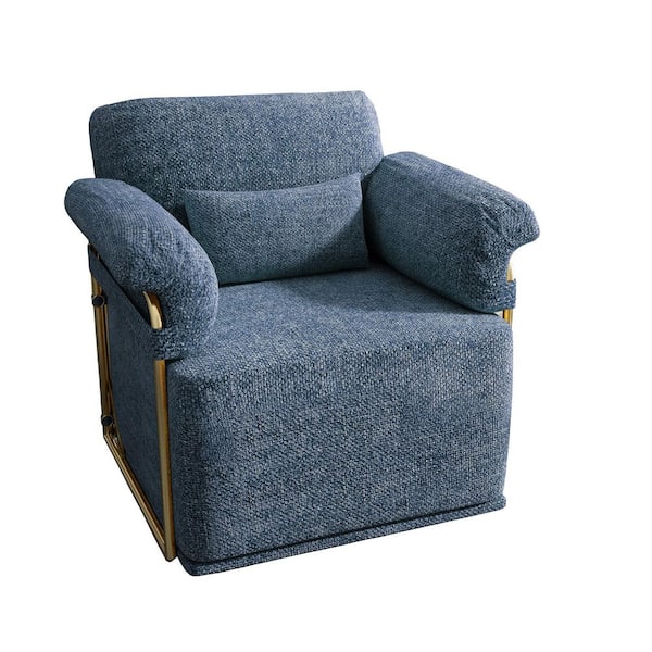 360° Square Swivel Accent Sofa Chair, Fluffy Fabric Lounge Wide Upholstered Reading Chair with Gold Metal Legs, Blue