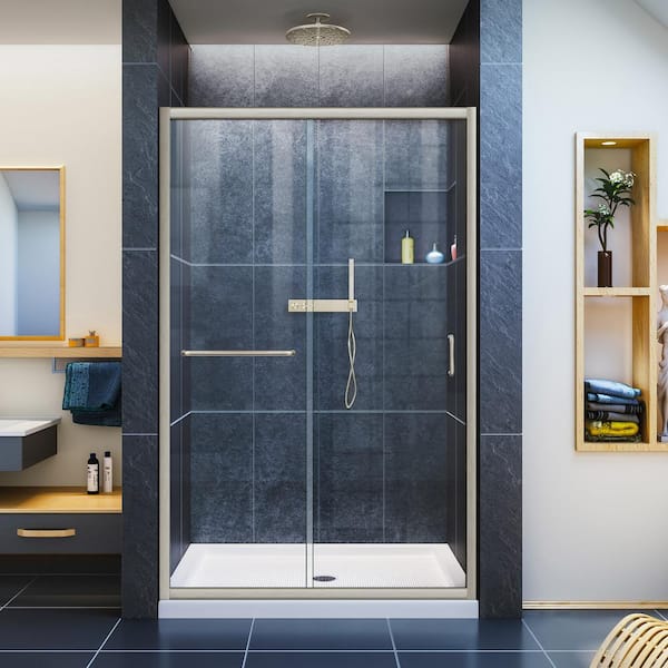 DreamLine Infinity-Z 36 in. x 48 in. Semi-Frameless Sliding Shower Door in Brushed Nickel with Center Drain White Acrylic Base