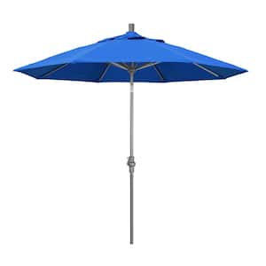 9 ft. Hammertone Grey Aluminum Market Patio Umbrella with Collar Tilt Crank Lift in Royal Blue Olefin
