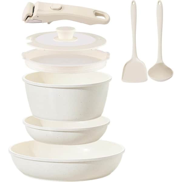 8 Piece Ceramic Nonstick Cookware Set with Removable Handle, Induction and Oven Safe, Cream White