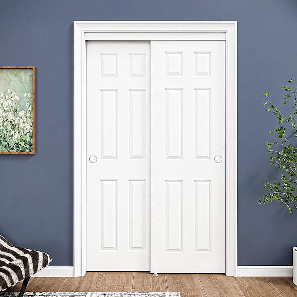 48 in. x 80 in. 6-Panel White Primed MDF Composite Sliding Door with Hardware